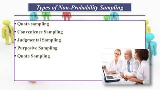 Types of Non-Probability Sampling
 Quota sampling
 Convenience Sampling
 Judgmental Sampling
 Purposive Sampling
 Quota Sampling
 
