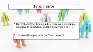 Type 1 error
 The probability of finding a difference with our sample
compared to population, and there really isn’t one….
 Known as the alpha error (or “type 1 error”)
 