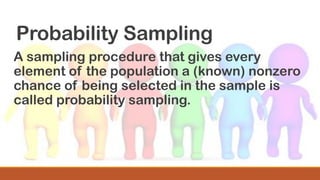 Probability Sampling
A sampling procedure that gives every
element of the population a (known) nonzero
chance of being selected in the sample is
called probability sampling.
 