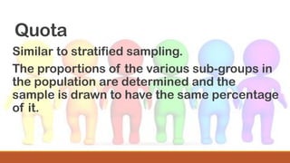 Quota
Similar to stratified sampling.
The proportions of the various sub-groups in
the population are determined and the
sample is drawn to have the same percentage
of it.
 