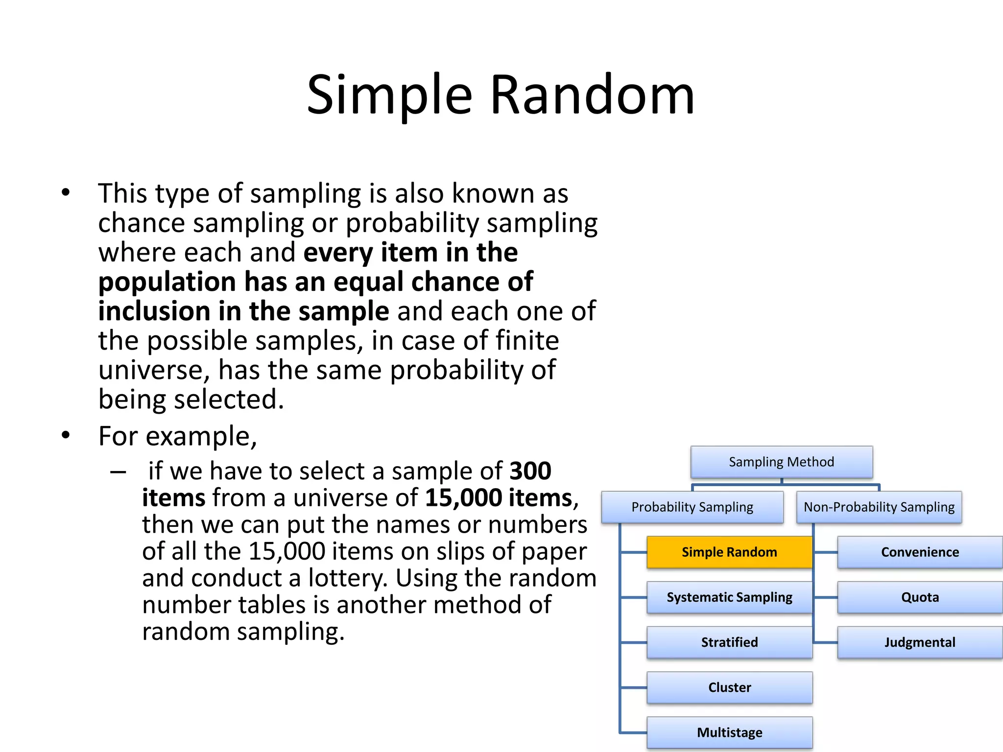 Simple Random
• This type of sampling is also known as
chance sampling or probability sampling
where each and every item in the
population has an equal chance of
inclusion in the sample and each one of
the possible samples, in case of finite
universe, has the same probability of
being selected.
• For example,
– if we have to select a sample of 300
items from a universe of 15,000 items,
then we can put the names or numbers
of all the 15,000 items on slips of paper
and conduct a lottery. Using the random
number tables is another method of
random sampling.
Sampling Method
Probability Sampling
Simple Random
Systematic Sampling
Stratified
Cluster
Multistage
Non-Probability Sampling
Convenience
Quota
Judgmental
 