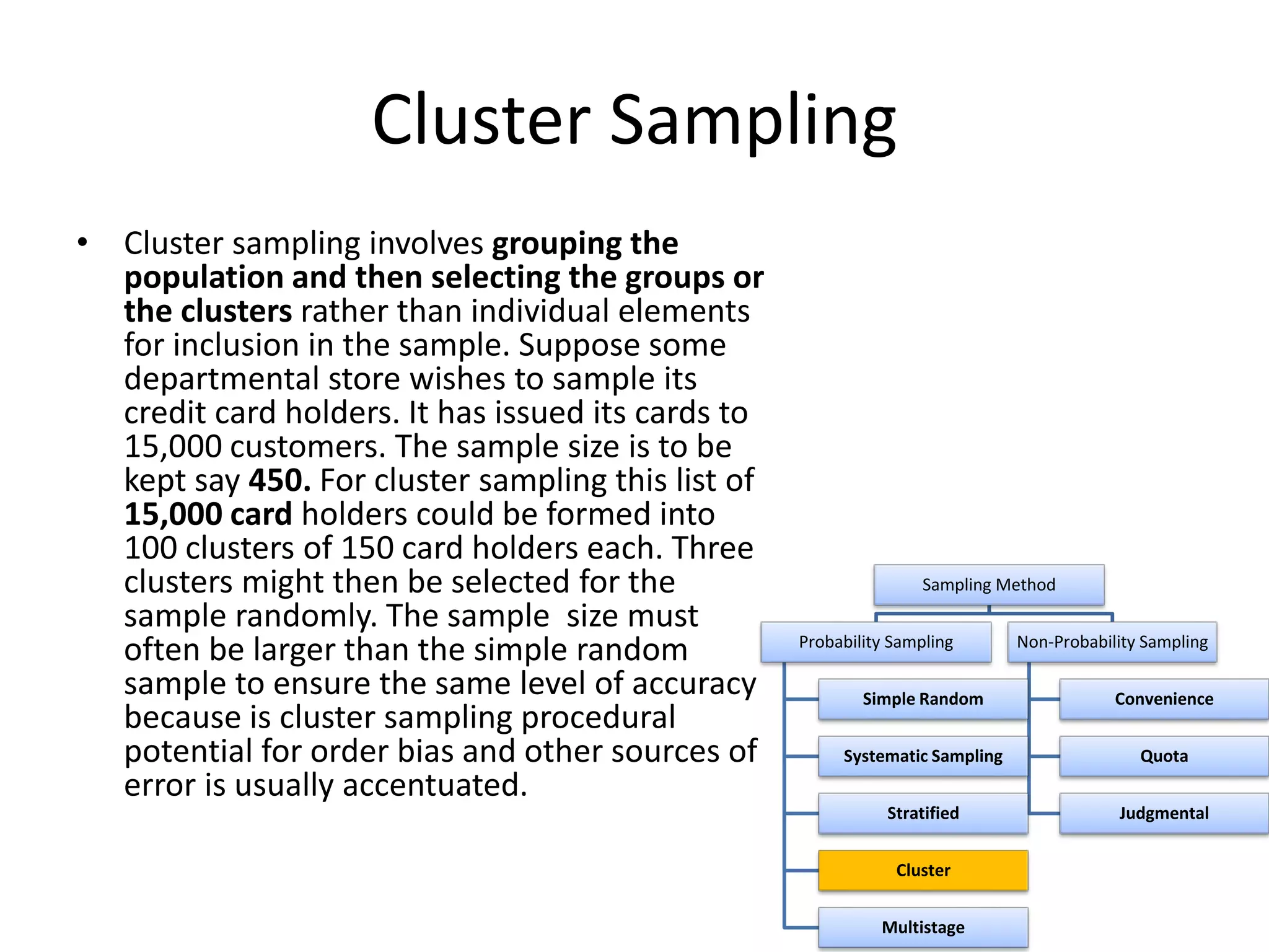 Cluster Sampling
• Cluster sampling involves grouping the
population and then selecting the groups or
the clusters rather than individual elements
for inclusion in the sample. Suppose some
departmental store wishes to sample its
credit card holders. It has issued its cards to
15,000 customers. The sample size is to be
kept say 450. For cluster sampling this list of
15,000 card holders could be formed into
100 clusters of 150 card holders each. Three
clusters might then be selected for the
sample randomly. The sample size must
often be larger than the simple random
sample to ensure the same level of accuracy
because is cluster sampling procedural
potential for order bias and other sources of
error is usually accentuated.
Sampling Method
Probability Sampling
Simple Random
Systematic Sampling
Stratified
Cluster
Multistage
Non-Probability Sampling
Convenience
Quota
Judgmental
 