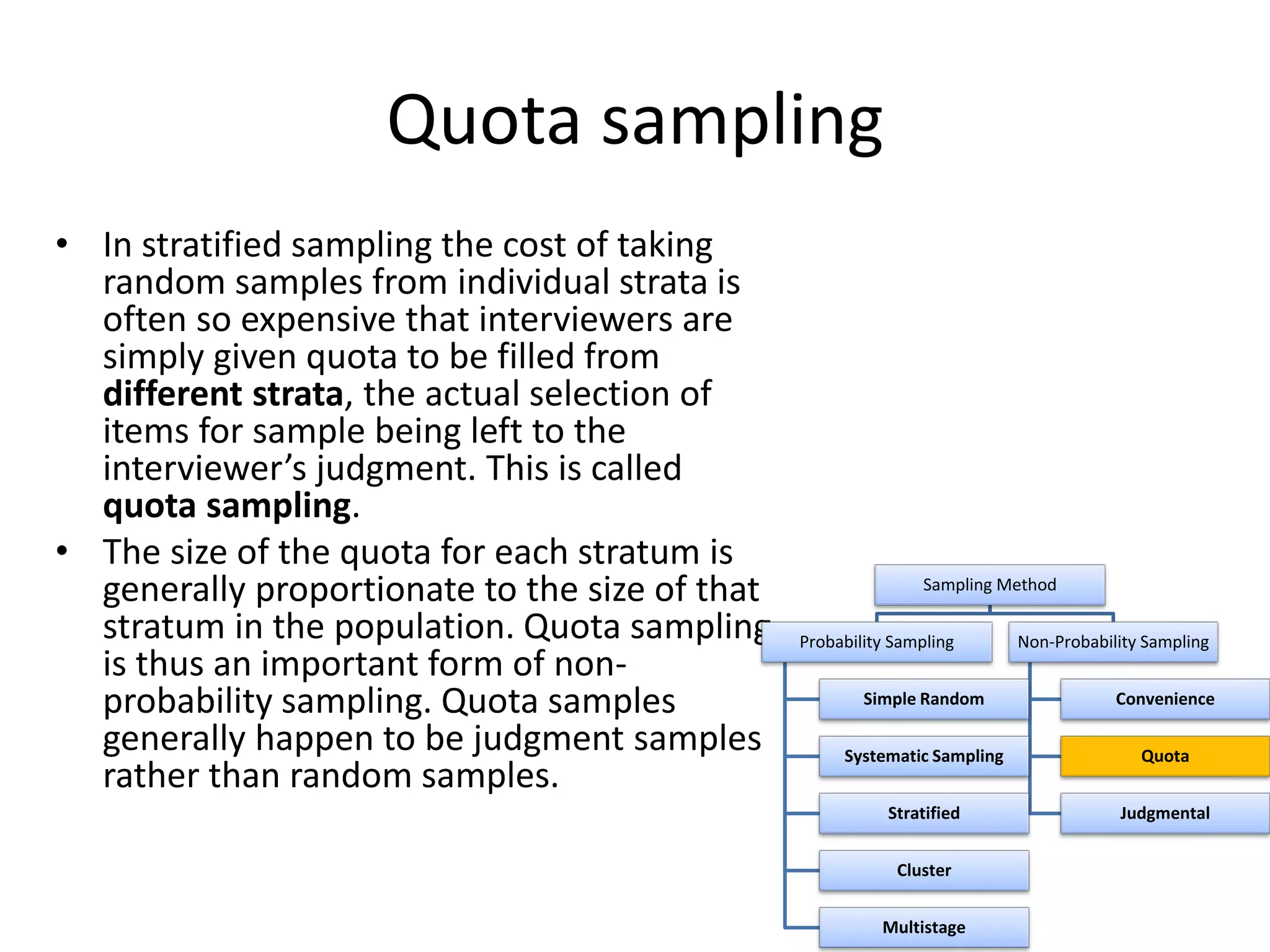 Quota sampling
• In stratified sampling the cost of taking
random samples from individual strata is
often so expensive that interviewers are
simply given quota to be filled from
different strata, the actual selection of
items for sample being left to the
interviewer’s judgment. This is called
quota sampling.
• The size of the quota for each stratum is
generally proportionate to the size of that
stratum in the population. Quota sampling
is thus an important form of non-
probability sampling. Quota samples
generally happen to be judgment samples
rather than random samples.
Sampling Method
Probability Sampling
Simple Random
Systematic Sampling
Stratified
Cluster
Multistage
Non-Probability Sampling
Convenience
Quota
Judgmental
 