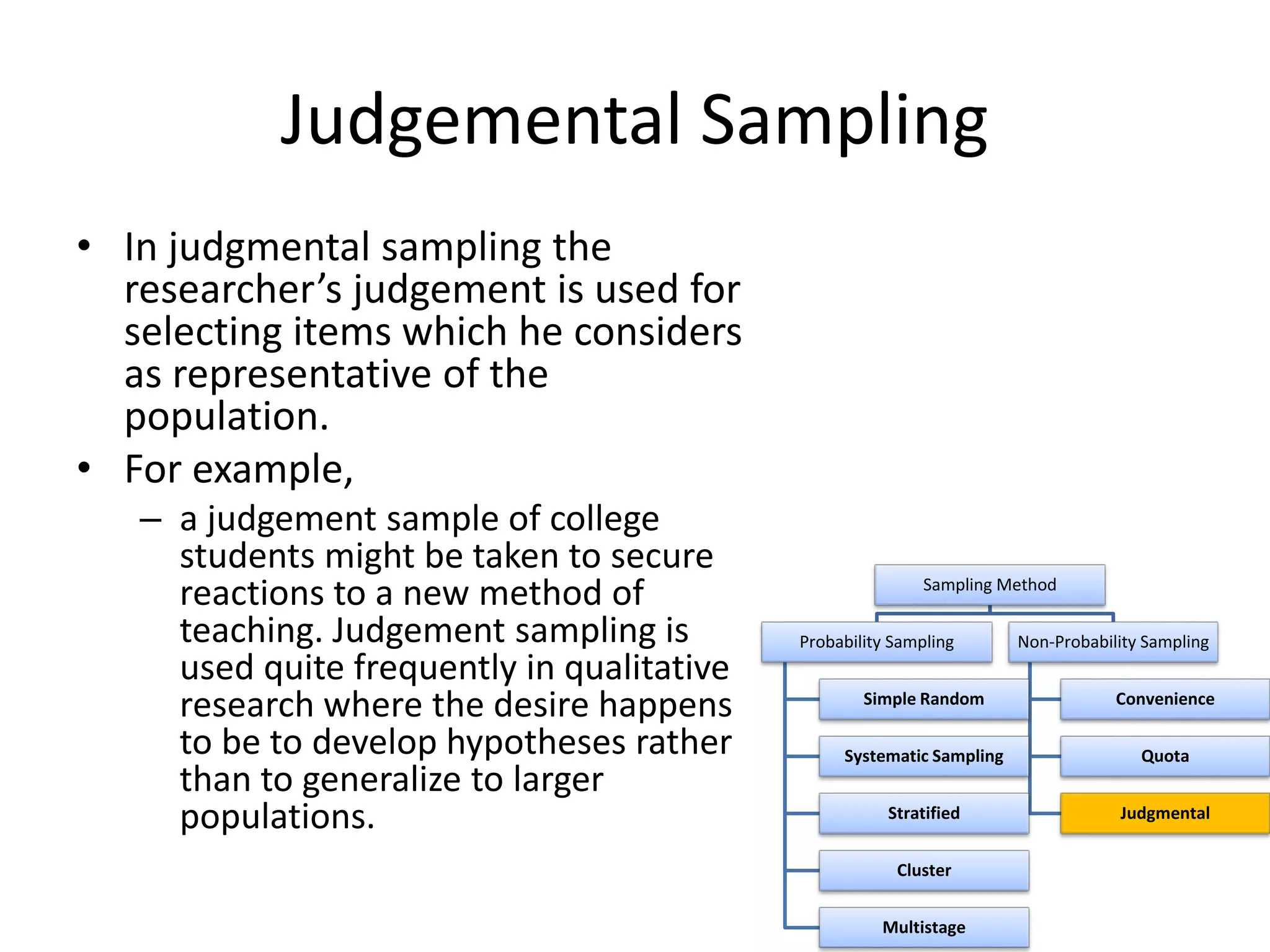Judgemental Sampling
• In judgmental sampling the
researcher’s judgement is used for
selecting items which he considers
as representative of the
population.
• For example,
– a judgement sample of college
students might be taken to secure
reactions to a new method of
teaching. Judgement sampling is
used quite frequently in qualitative
research where the desire happens
to be to develop hypotheses rather
than to generalize to larger
populations.
Sampling Method
Probability Sampling
Simple Random
Systematic Sampling
Stratified
Cluster
Multistage
Non-Probability Sampling
Convenience
Quota
Judgmental
 