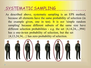 SYSTEMATIC SAMPLING
As described above, systematic sampling is an EPS method,
because all elements have the same probability of selection (in
the example given, one in ten). It is not 'simple random
sampling' because different subsets of the same size have
different selection probabilities - e.g. the set {4,14,24,...,994}
has a one-in-ten probability of selection, but the set
{4,13,24,34,...} has zero probability of selection.
 
