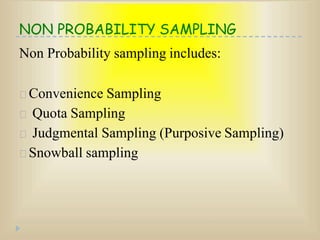 NON PROBABILITY SAMPLING
Non Probability sampling includes:
Convenience Sampling
Quota Sampling
Judgmental Sampling (Purposive Sampling)
Snowball sampling
 