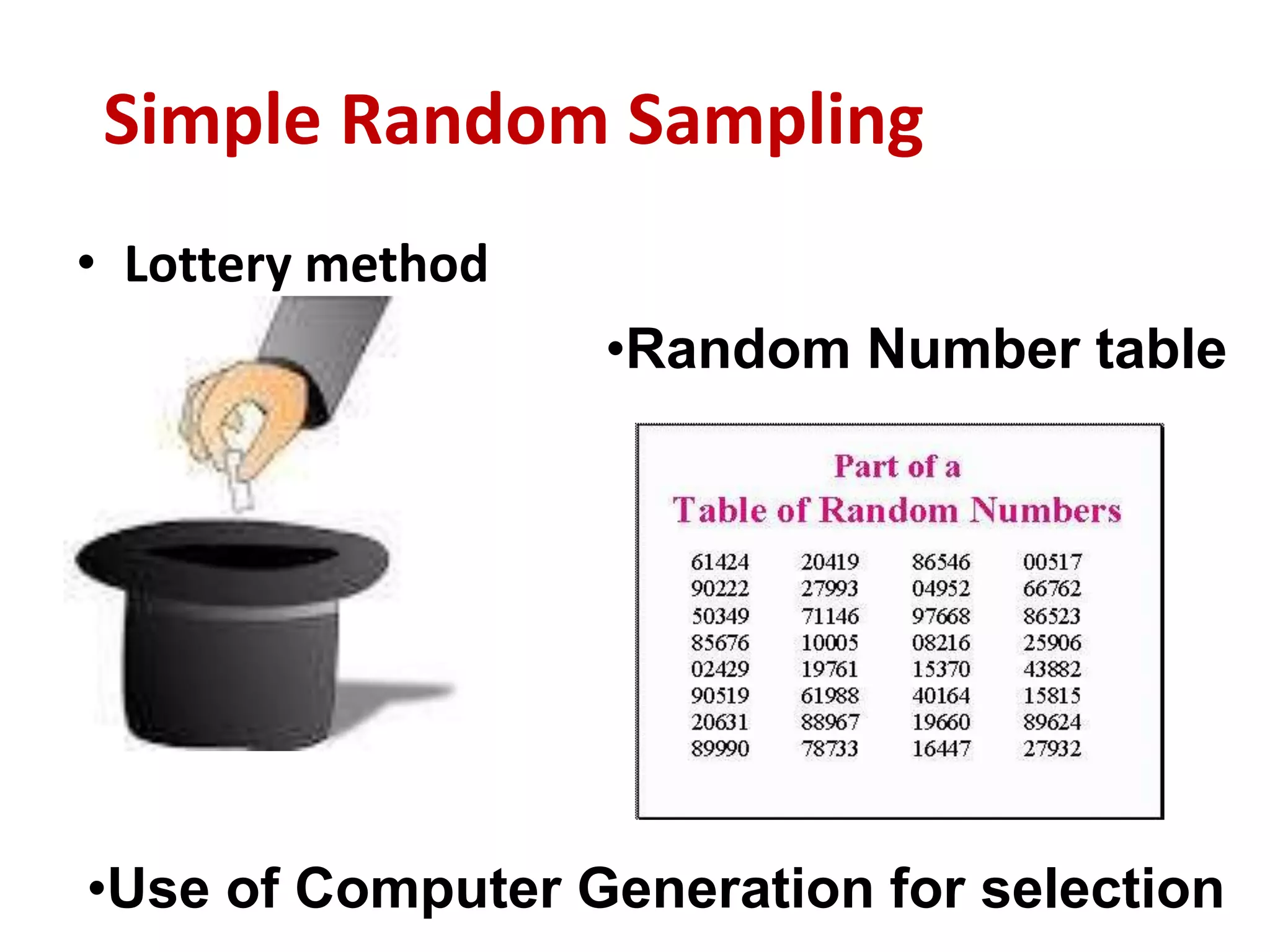 Simple Random Sampling
• Lottery method
•Random Number table
•Use of Computer Generation for selection
 
