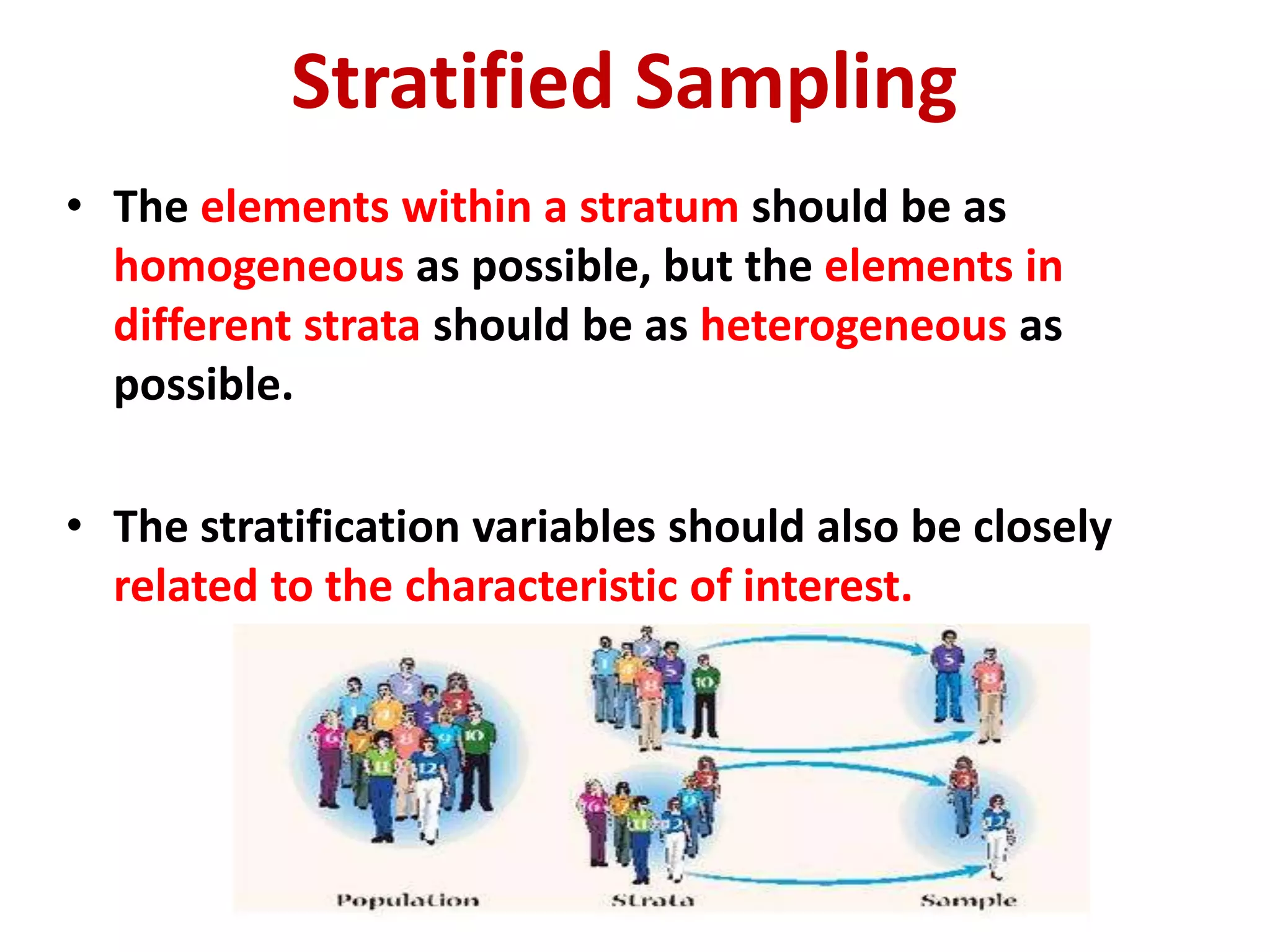 Stratified Sampling
• The elements within a stratum should be as
homogeneous as possible, but the elements in
different strata should be as heterogeneous as
possible.
• The stratification variables should also be closely
related to the characteristic of interest.
 