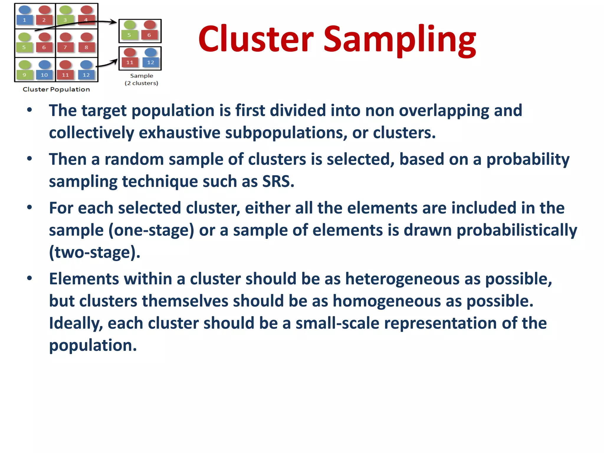 Cluster Sampling
• The target population is first divided into non overlapping and
collectively exhaustive subpopulations, or clusters.
• Then a random sample of clusters is selected, based on a probability
sampling technique such as SRS.
• For each selected cluster, either all the elements are included in the
sample (one-stage) or a sample of elements is drawn probabilistically
(two-stage).
• Elements within a cluster should be as heterogeneous as possible,
but clusters themselves should be as homogeneous as possible.
Ideally, each cluster should be a small-scale representation of the
population.
 