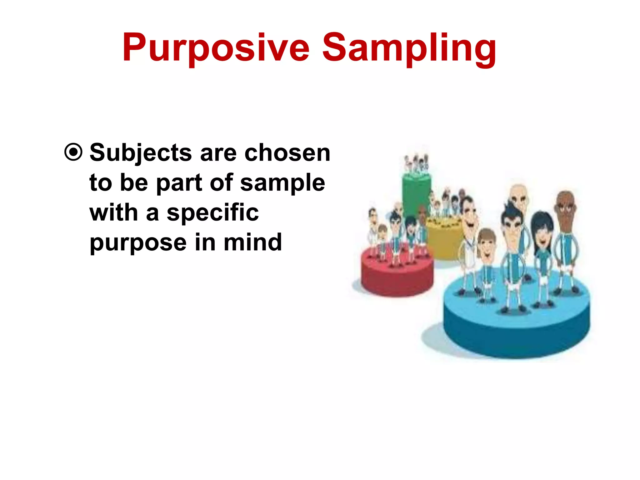 Purposive Sampling
 Subjects are chosen
to be part of sample
with a specific
purpose in mind
 