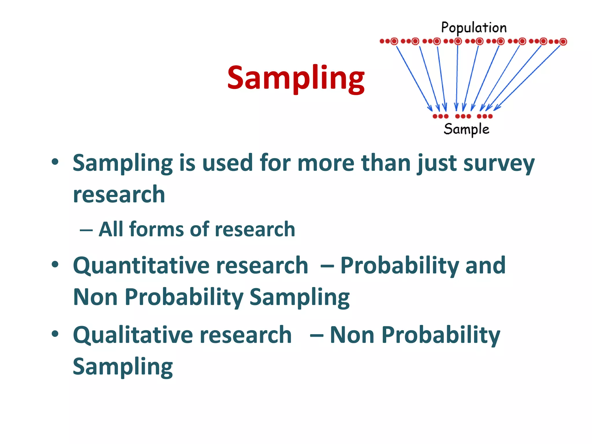 Sampling
• Sampling is used for more than just survey
research
– All forms of research
• Quantitative research – Probability and
Non Probability Sampling
• Qualitative research – Non Probability
Sampling
 