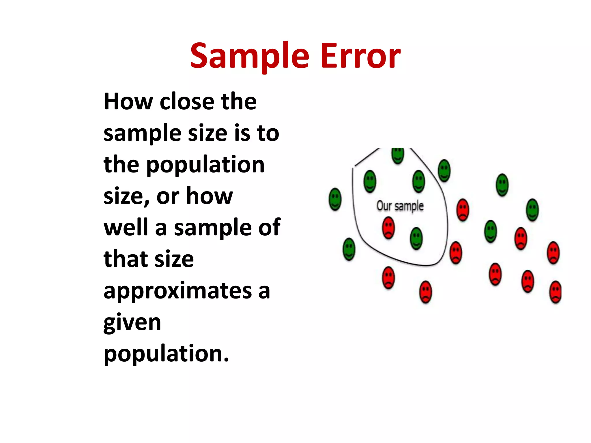 Sample Error
How close the
sample size is to
the population
size, or how
well a sample of
that size
approximates a
given
population.
 