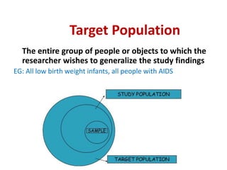 Target Population
The entire group of people or objects to which the
researcher wishes to generalize the study findings
EG: All low birth weight infants, all people with AIDS
 