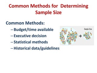 Common Methods for Determining
Sample Size
Common Methods:
–Budget/time available
–Executive decision
–Statistical methods
–Historical data/guidelines
 