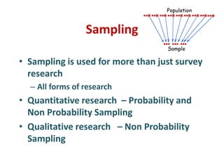 Sampling
• Sampling is used for more than just survey
research
– All forms of research
• Quantitative research – Probabili...