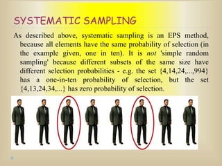 SYSTEMATIC SAMPLING
As described above, systematic sampling is an EPS method,
because all elements have the same probability of selection (in
the example given, one in ten). It is not 'simple random
sampling' because different subsets of the same size have
different selection probabilities - e.g. the set {4,14,24,...,994}
has a one-in-ten probability of selection, but the set
{4,13,24,34,...} has zero probability of selection.
 