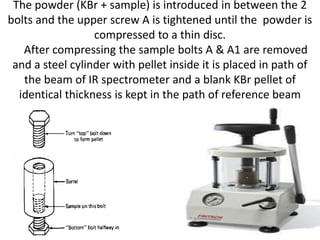 The powder (KBr + sample) is introduced in between the 2
bolts and the upper screw A is tightened until the powder is
compressed to a thin disc.
After compressing the sample bolts A & A1 are removed
and a steel cylinder with pellet inside it is placed in path of
the beam of IR spectrometer and a blank KBr pellet of
identical thickness is kept in the path of reference beam
 