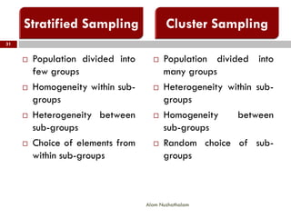  Population divided into
few groups
 Homogeneity within sub-
groups
 Heterogeneity between
sub-groups
 Choice of elements from
within sub-groups
 Population divided into
many groups
 Heterogeneity within sub-
groups
 Homogeneity between
sub-groups
 Random choice of sub-
groups
31
Alam Nuzhathalam
 