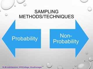 SAMPLING
METHODS/TECHNIQUES
Probability
Non-
Probability
9
Dr.M.Jothilakshmi, VVVCollege, Virudhunagar
 