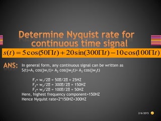 In general form, any continuous signal can be written as
S(t)=A1 cos(jw1t)+ A2 cos(jw2t)+ A3 cos(jw3t)
F1= w1/2∏ = 50∏/2∏ = 25HZ
F2= w2/2∏ = 300∏/2∏ = 150HZ
F3= w3/2∏ = 100∏/2∏ = 50HZ
Here, highest frequency component=150HZ
Hence Nyquist rate=2*150HZ=300HZ
)100cos(10)300sin(20)50cos(5)( tttts 
2/6/2015
 
