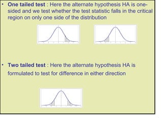 • One tailed test : Here the alternate hypothesis HA is one-
  sided and we test whether the test statistic falls in the critical
  region on only one side of the distribution




• Two tailed test : Here the alternate hypothesis HA is
  formulated to test for difference in either direction
 