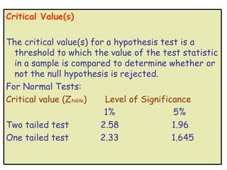 Critical Value(s)

The critical value(s) for a hypothesis test is a
  threshold to which the value of the test statistic
  in a sample is compared to determine whether or
  not the null hypothesis is rejected.
For Normal Tests:
Critical value (Ztable)  Level of Significance
                         1%               5%
Two tailed test         2.58              1.96
One tailed test         2.33              1.645
 