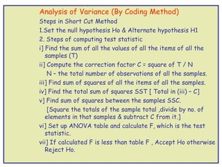 Analysis of Variance (By Coding Method)
Steps in Short Cut Method
1.Set the null hypothesis Ho & Alternate hypothesis H1
2. Steps of computing test statistic
i] Find the sum of all the values of all the items of all the
   samples (T)
ii] Compute the correction factor C = square of T / N
    N – the total number of observations of all the samples.
iii] Find sum of squares of all the items of all the samples.
iv] Find the total sum of squares SST [ Total in (iii) – C]
v] Find sum of squares between the samples SSC.
    [Square the totals of the sample total ,divide by no. of
   elements in that samples & subtract C from it.]
vi] Set up ANOVA table and calculate F, which is the test
   statistic.
vii] If calculated F is less than table F , Accept Ho otherwise
   Reject Ho.
 