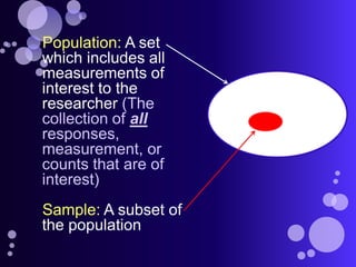 Population: A set
which includes all
measurements of
interest to the
researcher (The
collection of all
responses,
measurement, or
counts that are of
interest)
Sample: A subset of
the population