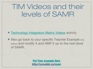 TIM Videos and their
levels of SAMR
Technology Integration Matrix Videos activity
Also go back to your specific Teacher Example (link
below) and modify it and AMP it up to the next level
of SAMR.

Put Your example Here
http://scrumblr.ca/samr

 