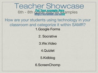Teacher Showcase
Put Your example Here
6th - 8th grade teacher examples
http://scrumblr.ca/samr

How are your students using technology in your
classroom and categorize it within SAMR?
1.Google Forms
2. Socrative
3.We.Video
4.Quizlet
5.Kidblog
6.ScreenChomp

 