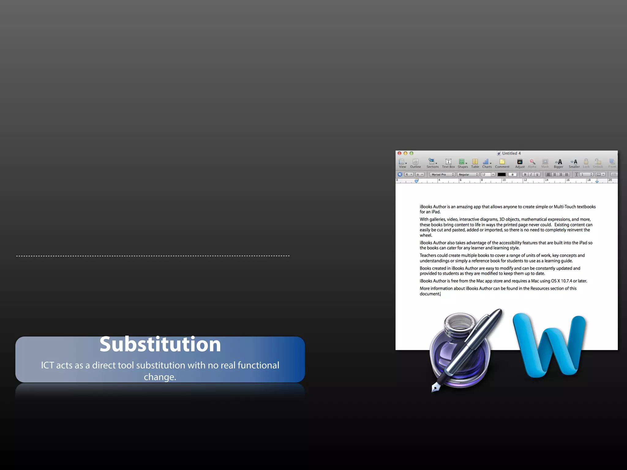Substitution
ICT acts as a direct tool substitution with no real functional
change.
 