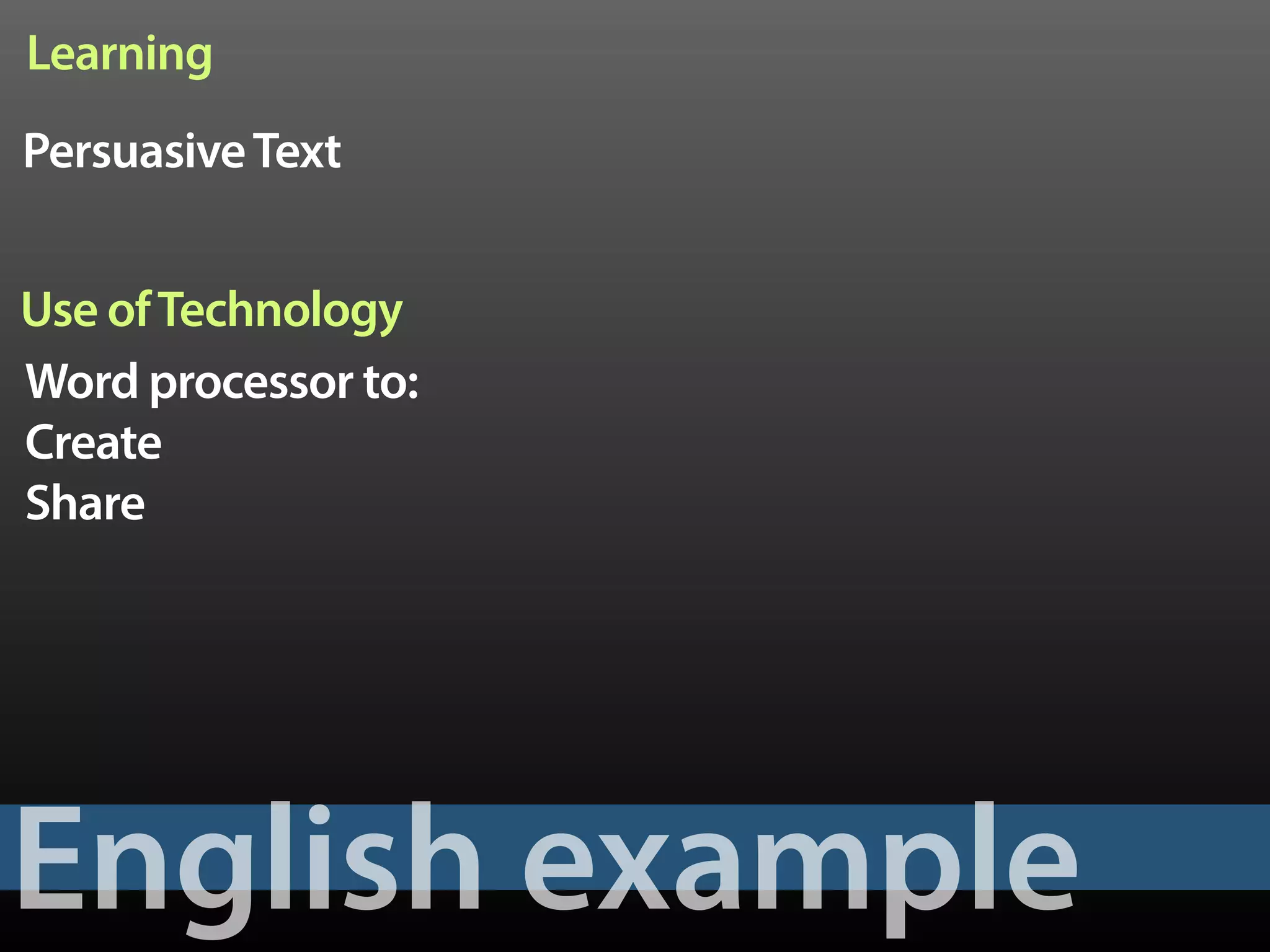 English example
PersuasiveText
Word processor to:
Create 
Share
Learning
Use ofTechnology
 