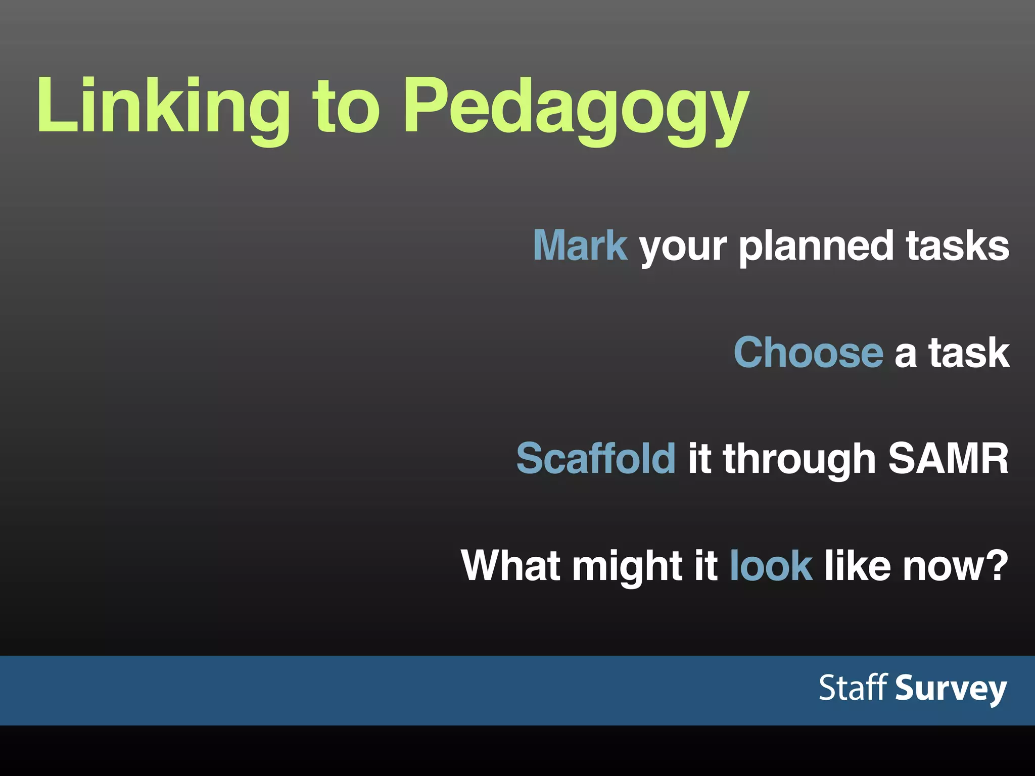Staff Survey
Linking to Pedagogy
Choose a task
What might it look like now?
Scaffold it through SAMR
Mark your planned tasks
 