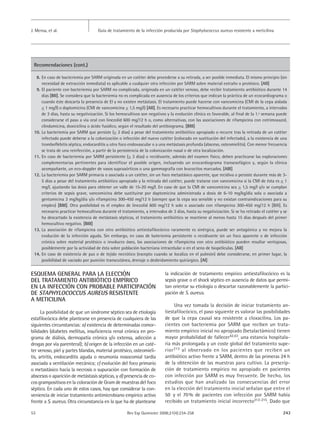 Guía de tratamiento de la infección producida por Staphylococcus aureus resistente a meticilinaJ. Mensa, et al.
53 243Rev Esp Quimioter 2008;21(4):234-258
Recomendaciones (cont.)
8. En caso de bacteriemia por SARM originada en un catéter debe procederse a su retirada, a ser posible inmediata. El mismo principio (sin
necesidad de extracción inmediata) es aplicable a cualquier otra infección por SARM sobre material extraño o protésico. [AII]
9. El paciente con bacteriemia por SARM no complicada, originada en un catéter venoso, debe recibir tratamiento antibiótico durante 14
días [BII]. Se considera que la bacteriemia no es complicada en ausencia de los criterios que indican la práctica de un ecocardiograma o
cuando éste descarta la presencia de EI y no existen metástasis. El tratamiento puede hacerse con vancomicina (CMI de la cepa aislada
< 1 mg/l) o daptomicina (CMI de vancomicina > 1,5 mg/l) [AII]. Es necesario practicar hemocultivos durante el tratamiento, a intervalos
de 3 días, hasta su negativización. Si los hemocultivos son negativos y la evolución clínica es favorable, al final de la 1.ª semana puede
considerarse el paso a vía oral con linezolid 600 mg/12 h o, como alternativas, con las asociaciones de rifampicina con cotrimoxazol,
clindamicina, doxiciclina o ácido fusídico, según el resultado del antibiograma. [BIII]
10. La bacteriemia por SARM que persiste (> 3 días) a pesar del tratamiento antibiótico apropiado o recurre tras la retirada de un catéter
infectado puede deberse a la colonización o infección del nuevo catéter (colocado en sustitución del infectado), a la existencia de una
tromboflebitis séptica, endocarditis u otro foco endovascular o a una metástasis profunda (absceso, osteomielitis). Con menor frecuencia
se trata de una reinfección, a partir de la persistencia de la colonización nasal o de otra localización.
11. En caso de bacteriemia por SARM persistente (> 3 días) o recidivante, además del examen físico, deben practicarse las exploraciones
complementarias pertinentes para identificar el posible origen, incluyendo un ecocardiograma transesofágico y, según la clínica
acompañante, un eco-doppler de vasos supraaórticos o una gammagrafía con leucocitos marcados. [AIII]
12. La bacteriemia por SARM primaria o asociada a un catéter, sin un foco metastásico aparente, que recidiva o persiste durante más de 3-
5 días a pesar del tratamiento antibiótico apropiado y la retirada del catéter, puede tratarse con vancomicina si la CMI de ésta es < 1
mg/l, ajustando las dosis para obtener un valle de 15-20 mg/l. En caso de que la CMI de vancomicina sea > 1,5 mg/l y/o se cumplan
criterios de sepsis grave, vancomicina debe sustituirse por daptomicina administrada a dosis de 6-10 mg/kg/día sola o asociada a
gentamicina 3 mg/kg/día y/o rifampicina 300-450 mg/12 h (siempre que la cepa sea sensible y no existan contraindicaciones para su
empleo) [BIII]. Otra posibilidad es el empleo de linezolid 600 mg/12 h solo o asociado con rifampicina 300-450 mg/12 h [BIII]. Es
necesario practicar hemocultivos durante el tratamiento, a intervalos de 3 días, hasta su negativización. Si se ha retirado el catéter y se
ha descartado la existencia de metástasis sépticas, el tratamiento antibiótico se mantiene al menos hasta 15 días después del primer
hemocultivo negativo. [BIII]
13. La asociación de rifampicina con otro antibiótico antiestafilocócico raramente es sinérgica, puede ser antagónica y no mejora la
evolución de la infección aguda. Sin embargo, en caso de bateriemia persistente o recidivante sin un foco aparente o de infección
crónica sobre material protésico o involucro óseo, las asociaciones de rifampicina con otro antibiótico pueden resultar ventajosas,
posiblemente por la actividad de ésta sobre población bacteriana intracelular o en el seno de biopelículas. [AII]
14. En caso de existencia de pus o de tejido necrótico (excepto cuando se localiza en el pulmón) debe considerarse, en primer lugar, la
posibilidad de vaciado por punción transcutánea, drenaje o desbridamiento quirúrgico. [AI]
Recomendaciones (cont.)
ESQUEMA GENERAL PARA LA ELECCIÓN
DEL TRATAMIENTO ANTIBIÓTICO EMPÍRICO
EN LA INFECCIÓN CON PROBABLE PARTICIPACIÓN
DE STAPHYLOCOCCUS AUREUS RESISTENTE
A METICILINA
La posibilidad de que un síndrome séptico sea de etiología
estafilocócica debe plantearse en presencia de cualquiera de las
siguientes circunstancias: a) existencia de determinadas comor-
bilidades (diabetes mellitus, insuficiencia renal crónica en pro-
grama de diálisis, dermopatía crónica y/o extensa, adicción a
drogas por vía parenteral); b) origen de la infección en un caté-
ter venoso, piel y partes blandas, material protésico, osteomieli-
tis, artritis, endocarditis aguda o neumonía nosocomial tardía
asociada a ventilación mecánica; c) evolución del foco primario
o metastásico hacia la necrosis o supuración con formación de
abscesos o aparición de metástasis sépticas, y d) presencia de co-
cos grampositivos en la coloración de Gram de muestras del foco
séptico. En cada uno de estos casos, hay que considerar la con-
veniencia de iniciar tratamiento antimicrobiano empírico activo
frente a S. aureus. Otra circunstancia en la que ha de plantearse
la indicación de tratamiento empírico antiestafilocócico es la
sepsis grave o el shock séptico en ausencia de datos que permi-
tan orientar su etiología o descartar razonablemente la partici-
pación de S. aureus.
Una vez tomada la decisión de iniciar tratamiento an-
tiestafilocócico, el paso siguiente es valorar las posibilidades
de que la cepa causal sea resistente a cloxacilina. Los pa-
cientes con bacteriemia por SARM que reciben un trata-
miento empírico inicial no apropiado (betalactámico) tienen
mayor probabilidad de fallecer42,43, una estancia hospitala-
ria más prolongada y un coste global del tratamiento supe-
rior213 al observado en los pacientes que reciben un
antibiótico activo frente a SARM, dentro de las primeras 24 h
de la obtención de las muestras para cultivo. La prescrip-
ción de tratamiento empírico no apropiado en pacientes
con infección por SARM es muy frecuente. De hecho, los
estudios que han analizado las consecuencias del error
en la elección del tratamiento inicial señalan que entre el
50 y el 70% de pacientes con infección por SARM había
recibido un tratamiento inicial incorrecto213-215. Dado que
13532 Q1533 (6).qxd 20/11/08 14:39 Página 243
 