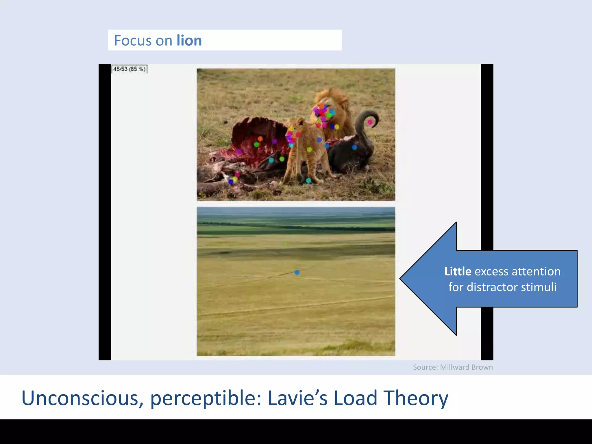 Focus on lionLittle excess attentionfor distractor stimuliSource: Millward BrownUnconscious, perceptible: Lavie’s Load Theory