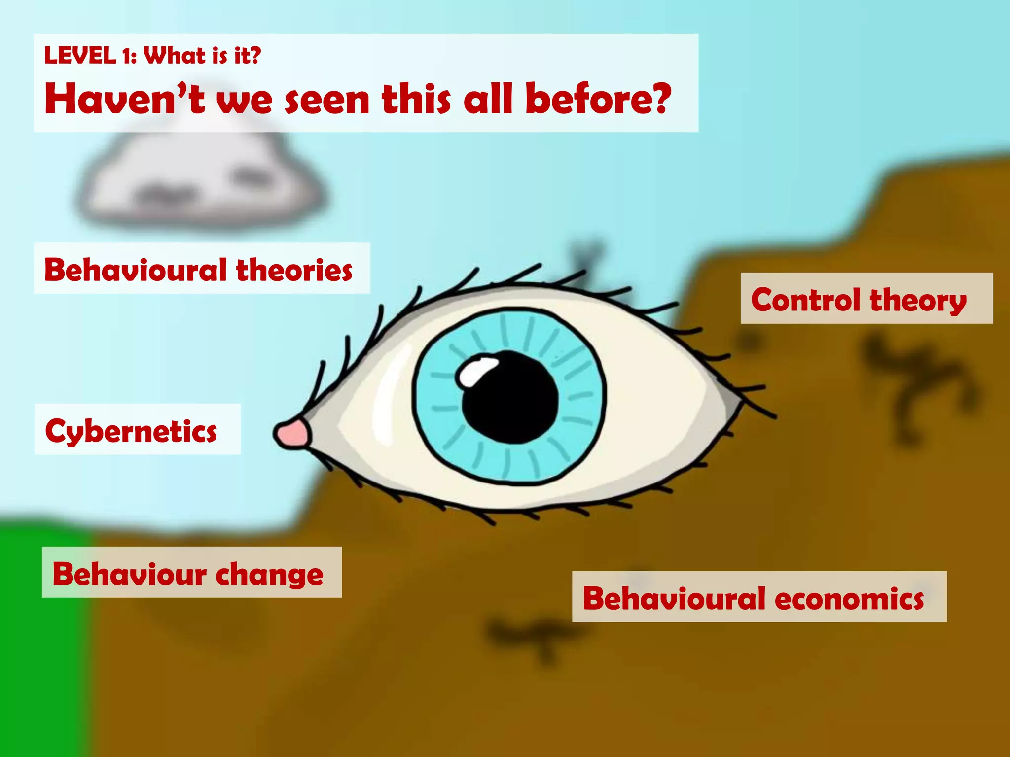 LEVEL 1: What is it?Haven’t we seen this all before?Behavioural theoriesControl theoryCyberneticsBehaviour changeBehavioural economics