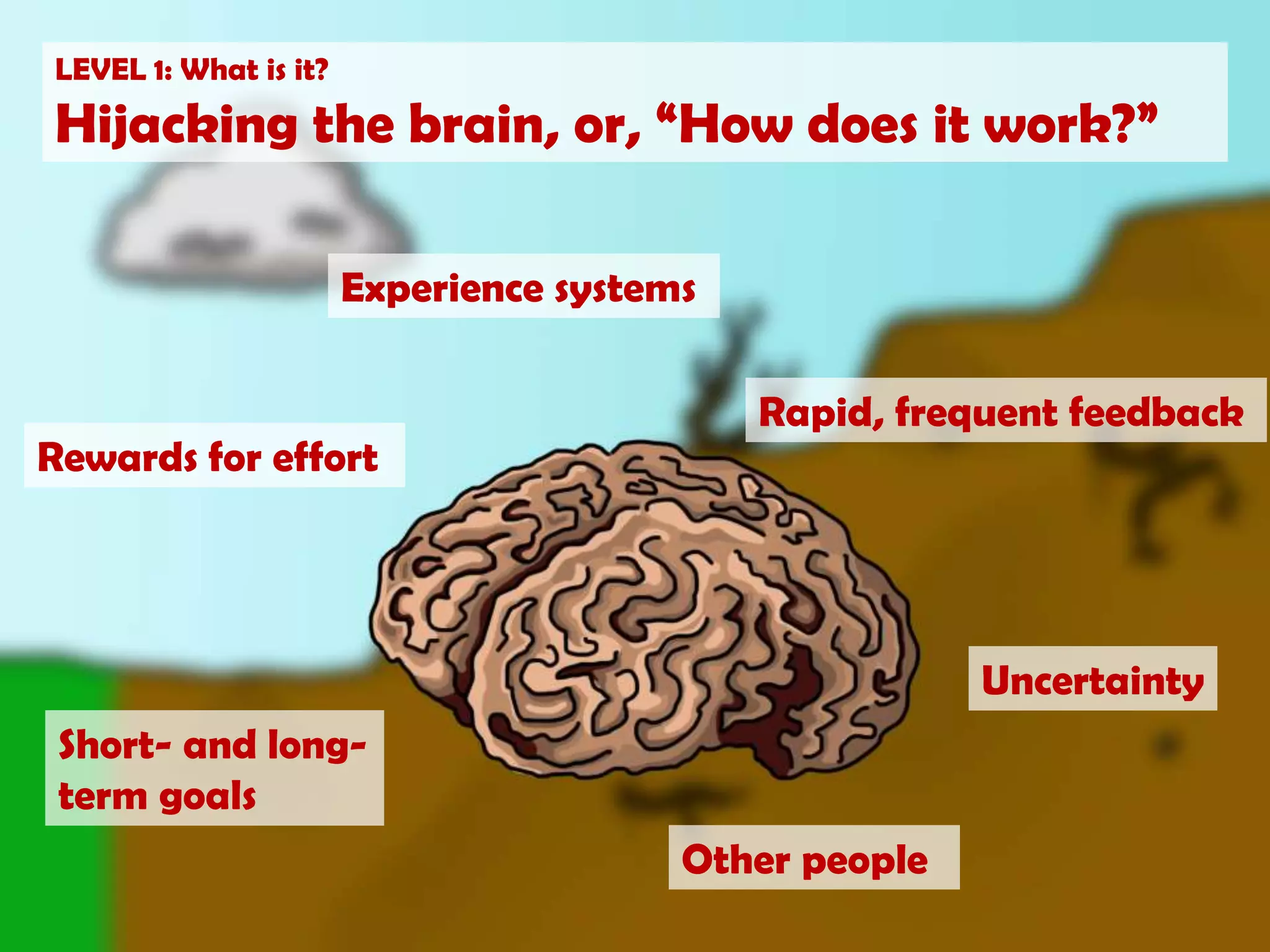 LEVEL 1: What is it?Hijacking the brain, or, “How does it work?”Experience systemsRapid, frequent feedbackRewards for effortUncertaintyShort- and long-term goalsOther people