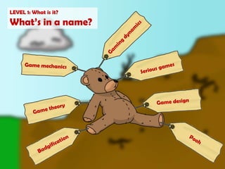 LEVEL 1: What is it?What’s in a name?Gaming dynamicsGame mechanicsSerious gamesGame theoryGame designPoohBadgification