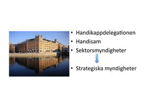 •  Handikappdelega+onen	
 
•  Handisam	
 
•  Sektorsmyndigheter	
 
•  Strategiska	
 myndigheter	
 	
 
 