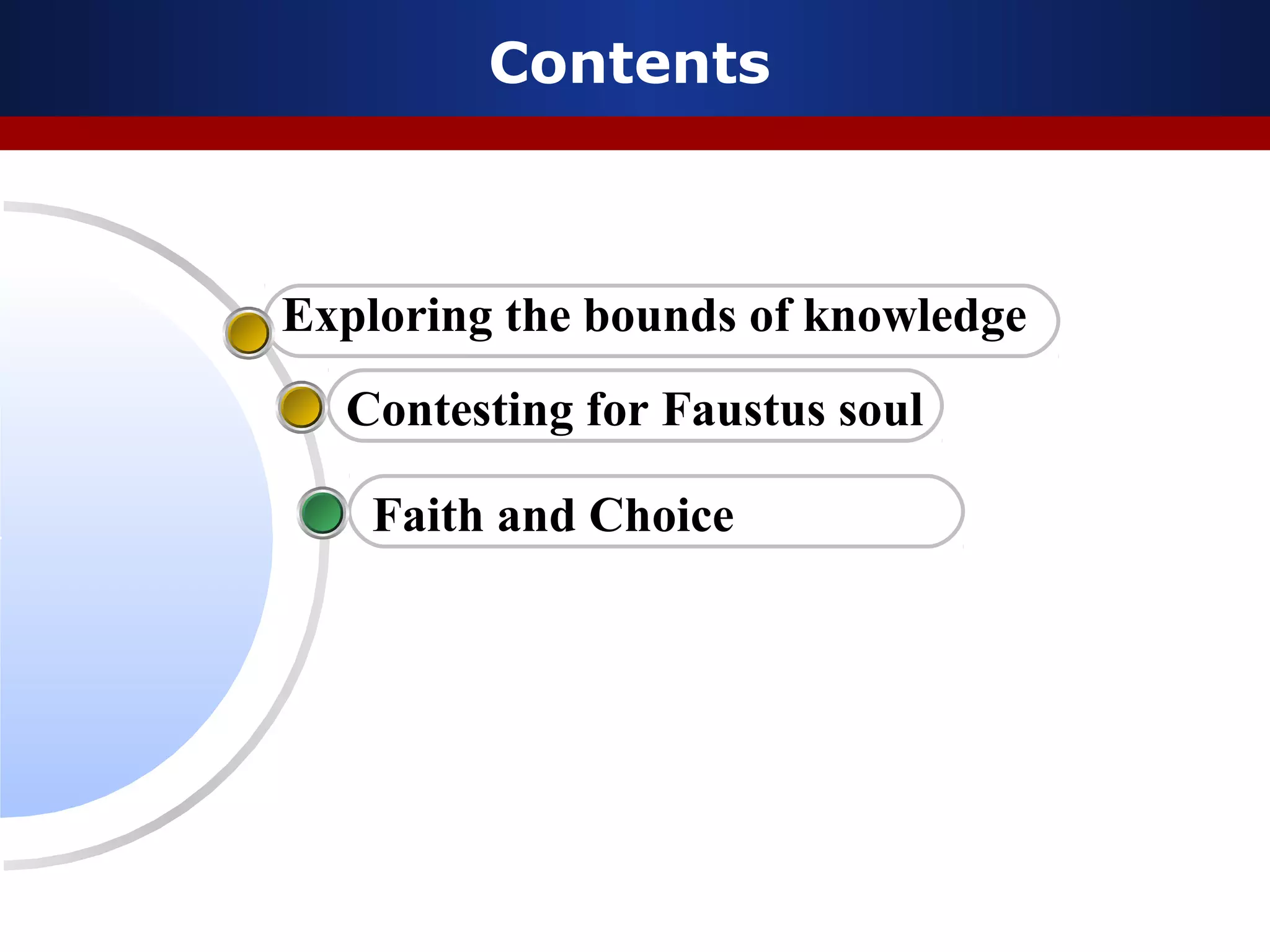 Contents



Exploring the bounds of knowledge
  Contesting for Faustus soul

    Faith and Choice
 