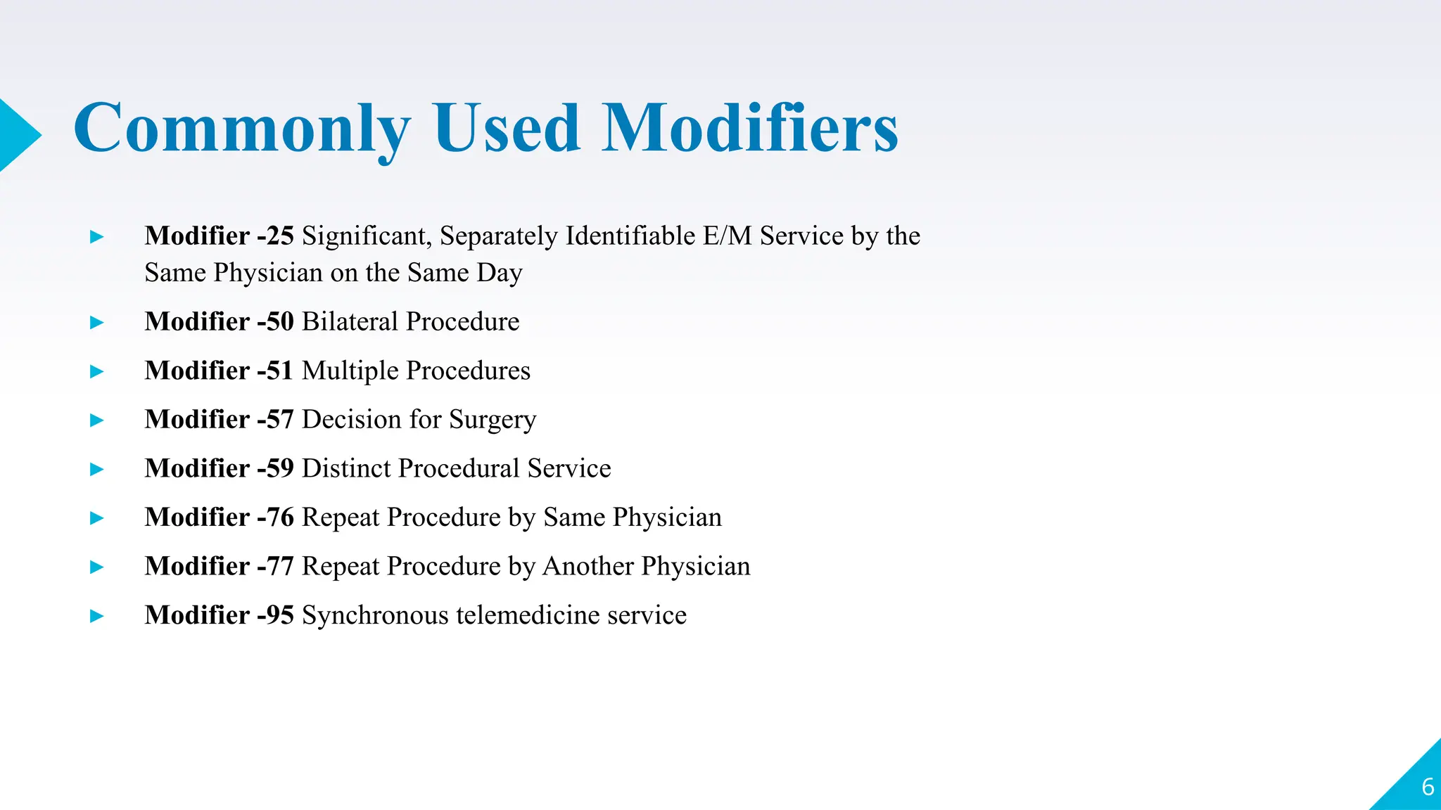 Commonly Used Modifiers
▸ Modifier -25 Significant, Separately Identifiable E/M Service by the
Same Physician on the Same Day
▸ Modifier -50 Bilateral Procedure
▸ Modifier -51 Multiple Procedures
▸ Modifier -57 Decision for Surgery
▸ Modifier -59 Distinct Procedural Service
▸ Modifier -76 Repeat Procedure by Same Physician
▸ Modifier -77 Repeat Procedure by Another Physician
▸ Modifier -95 Synchronous telemedicine service
6
 