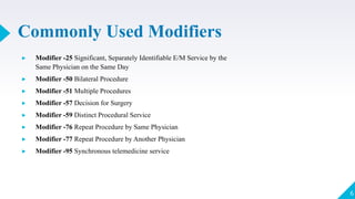 Commonly Used Modifiers
▸ Modifier -25 Significant, Separately Identifiable E/M Service by the
Same Physician on the Same Day
▸ Modifier -50 Bilateral Procedure
▸ Modifier -51 Multiple Procedures
▸ Modifier -57 Decision for Surgery
▸ Modifier -59 Distinct Procedural Service
▸ Modifier -76 Repeat Procedure by Same Physician
▸ Modifier -77 Repeat Procedure by Another Physician
▸ Modifier -95 Synchronous telemedicine service
6
 