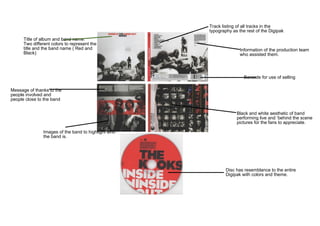 Track listing of all tracks in the
typography as the rest of the Digipak
Title of album and band name.
Two different colors to represent the
title and the band name ( Red and
Black)

Information of the production team
who assisted them.

Barcode for use of selling
Message of thanks to the
people involved and
people close to the band
Black and white aesthetic of band
performing live and ‘behind the scene
pictures for the fans to appreciate.
Images of the band to highlight who
the band is.

Disc has resemblance to the entire
Digipak with colors and theme.

 
