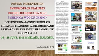 POSTER PRESENTATION
SNAPSHOTS OF LEARNING
BEYOND BORDERS ( S.A.M.R. )
( VER0NICA WOO EU CHENG )
INTERNATIONAL CONFERENCE ON
CREATIVE TEACHING, ASSESSMENT AND
RESEARCH IN THE ENGLISH LANGUAGE
( ICCTAR 2019 )
26 – 28 JUNE, 2019 @ MELAKA, MALAYSIA
Brochure B2, B3 & F1
** F = Front , B = Back
 