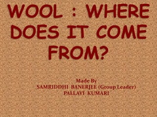 WOOL : WHERE 
DOES IT COME 
FROM? 
Made By 
SAMRIDDHI BANERJEE (Group Leader) 
PALLAVI KUMARI 
 