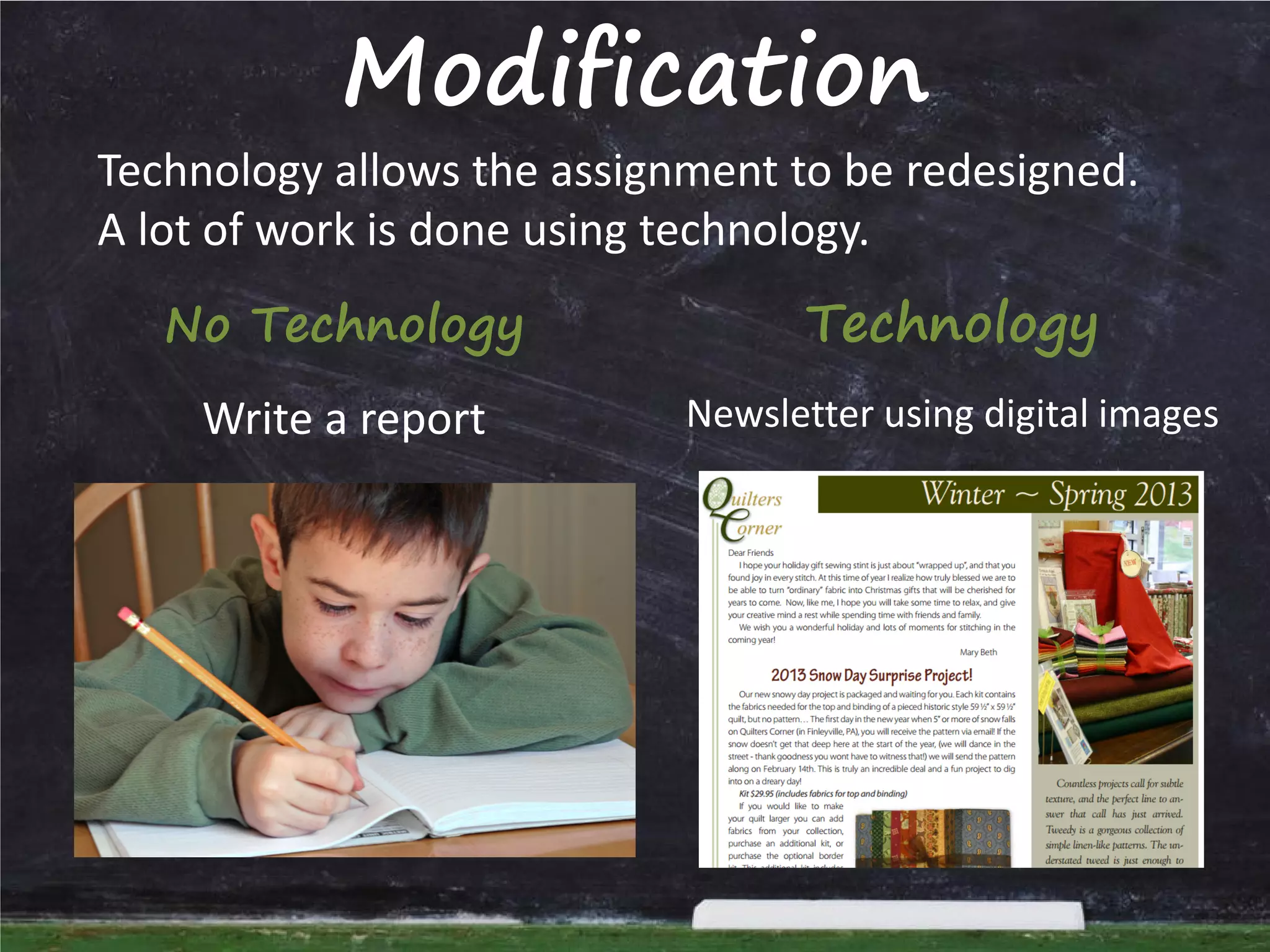 Modification

Technology allows the assignment to be redesigned.
A lot of work is done using technology.
No Technology

Technology

Write a report

Newsletter using digital images

 