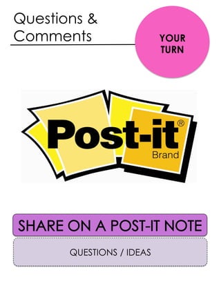 QUESTIONS / IDEAS
Questions &
Comments YOUR
TURN
 