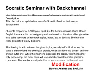 Socratic Seminar with Backchannel 
https://sites.google.com/site/rd2ipac/main-course/high/socratic-seminar-with-backchannel 
Description: 
This plan is for an updated version of a Socratic Seminar that uses a 
Backchannel 
Students prepare for 6-10 topics; I pick 2-4 for them to discuss. Since I teach 
English these are discussion-type questions based on literature although we've 
also done seminars on research topics, notes, etc. A Socratic Seminar can 
really be applied to any discipline. 
After having time to write on the given topics, usually half a block or so, the 
class is then divided into two equal groups, which will form two circles, an inner 
and an outer one. While the inner one discusses the topics, with the teacher 
only moderating, the outer circle will use a backchannel to make germaine 
comments. The teacher usually decides when to move on to the next topic. 
Modification 
Bloom's Analyze and Evaluate 
 