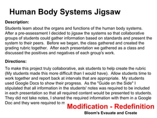 Human Body Systems Jigsaw 
Description: 
Students learn about the organs and functions of the human body systems. 
After a pre-assessment I decided to jigsaw the systems so that collaborative 
groups of students could gather information based on standards and present the 
system to their peers. Before we began, the class gathered and created the 
grading rubric together. After each presentation we gathered as a class and 
discussed the positives and negatives of each group's work. 
Directions: 
To make this project truly collaborative, ask students to help create the rubric 
(My students made this more difficult than I would have). Allow students time to 
work together and report back at intervals that are appropriate. My students 
used Google Docs to show their progress. As the "Guide on the Side" I 
stipulated that all information in the students' notes was required to be included 
in each presentation so that all required content would be presented to students. 
They did not take notes, I shared the required information with them in a Google 
Doc and they were required to make it flow and work in their presentation. Modification - Redefinition 
Bloom's Evauate and Create 
 