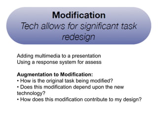 ● Adding multimedia to a presentation 
● Using a response system for assess 
●● 
Augmentation to Modification: 
● • How is the original task being modified? 
● • Does this modification depend upon the new 
technology? 
● • How does this modification contribute to my design? 
● ment 
 
